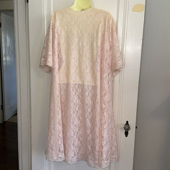 Vtg 60s Vanity Fair light pink lace double layer nylon button front short robe - Picture 6 of 12